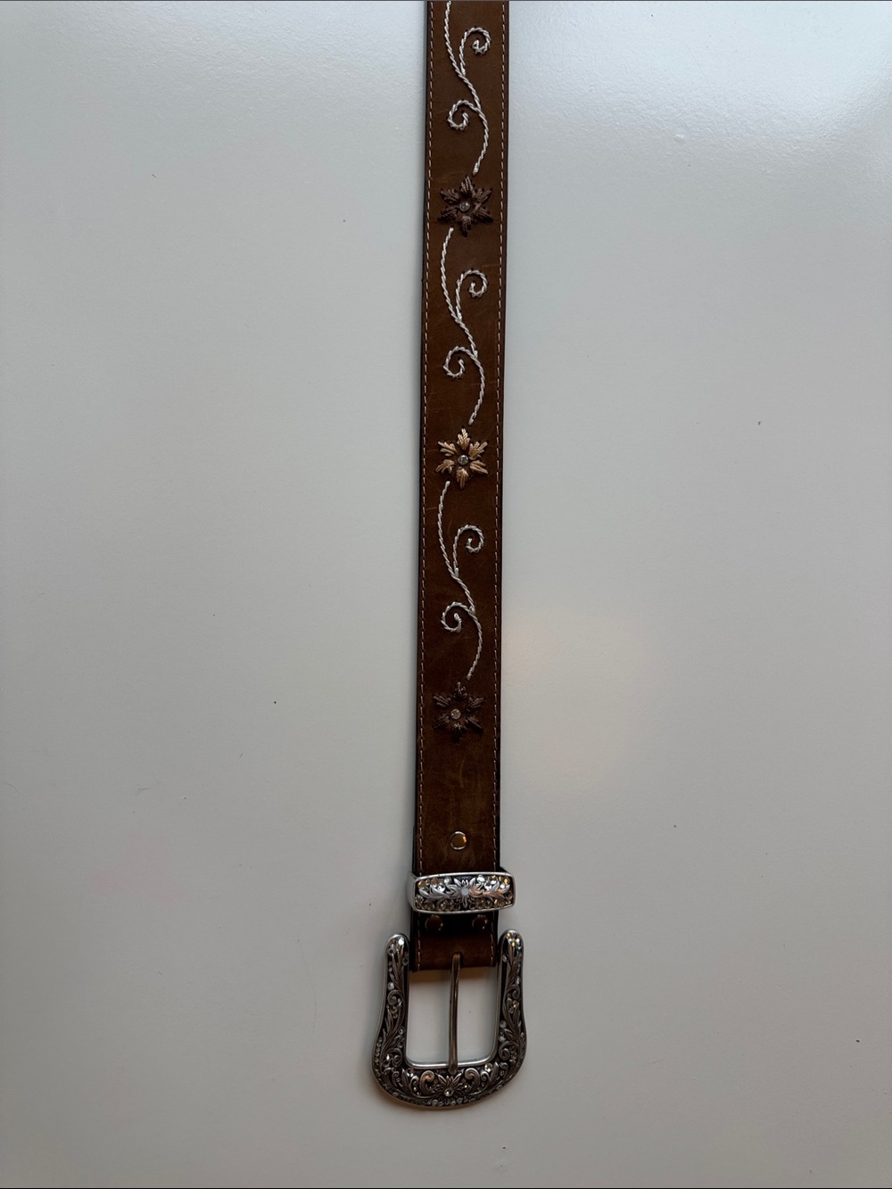 Nocona Brown Leather Floral Western Belt with Engraved Silver Buckle - Medium - Picture 4 of 9